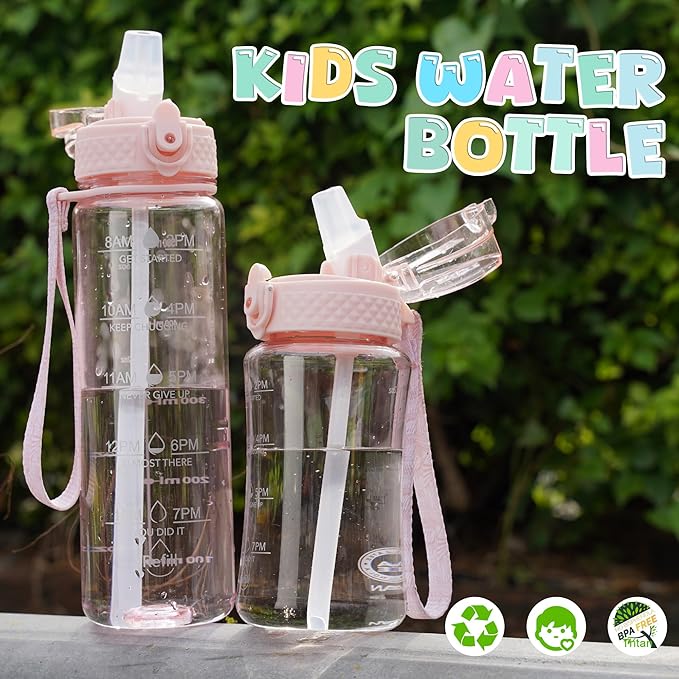 OLDLEY 17oz Kids Water Bottle for school Girls Boys, Motivational Water Bottles With Silicone Straw, Leak-Proof Tritan BPA-Free, Reusable water bottles for kids, Cherry Blossom