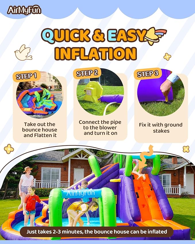 AirMyFun Water Slide InflatableBounce House for Kids with Blower. Family Backyard Bouncy Castle with Fun Doorway Tunnel, Climbing Wall,Long Safe Return Curved Slide and Ball Shooting