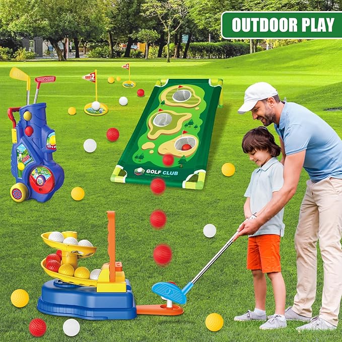 Toddler Golf Clubs Set for Ages 3 4 5 6 7 Years Old, 2 in 1 Kids Golf Clubs Toy with Golf Cart, Ball Launcher, 20 Balls, Golf Board, Putting Mat - Indoor Outdoor Mini Golf Set Sport Toys
