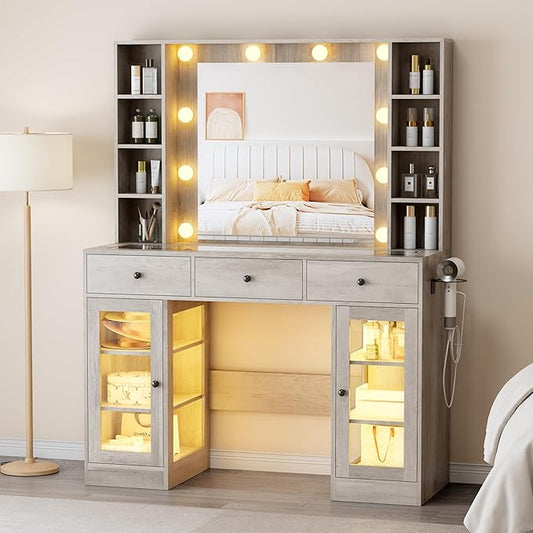 Makeup Vanity with Mirror and Lights, 43'' Wide Dressing Table with Storage Drawers, Open Shelves & Power Outlet, Vanity Desk with RGB Cabinet & Glass Top for Girls Bedroom, Living Room, Grey