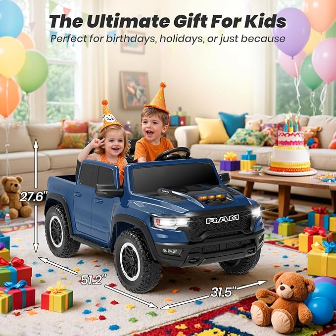 2 Seater Electric Car Licensed RAM 1500 RHO, 24V Kids Ride On Truck w/Remote Control, Toddler Ride on Car Toys w/LED Lights, Bluetooth, Music, Truck Bed Storage, Soft Start (Blue)