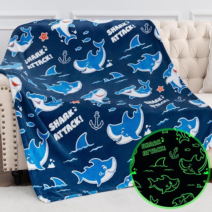 Jekeno Shark Glow in The Dark Blanket Gifts for Girls Boys Christmas Birthday Kids Teens Age 1 2 3 4 5 6 7 8 9 10 12 13 14 15 16 Years Old Child Ocean Anchor Throw Blue 50"x60"