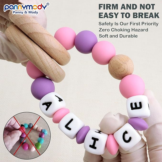 Personalized Baby Wrist Rattle Ring Keepsake with Name,Custom Rattle Teething Wooden Ring for Boys Girls Gift