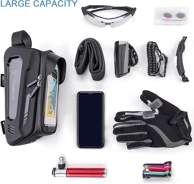 GEWAGE Bike Front Frame Bag with Phone Holder - Top Tube & Handlebar Bags for Mountain & Road Bikes