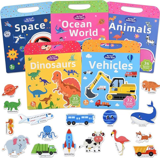 ASTARON 5 Pack Reusable 3D Puffy Sticker Books for Kids 3-6, Jelly Sticker Game Educational Sensory Learning Toy, Travel Toys and Busy Book(Vehicle Dino Animal Ocean Space)