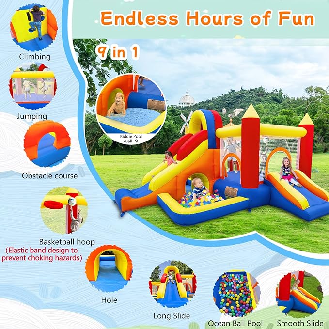 Bounce House, Inflatable Bounce House for Kids 3-10, Kids Bounce House with Long Slide, Ball Pit/Pool, Obstacles, Tunnel, Climbing Wall, Bouncy House Indoor & Outdoor Toddler Bouncy Fun