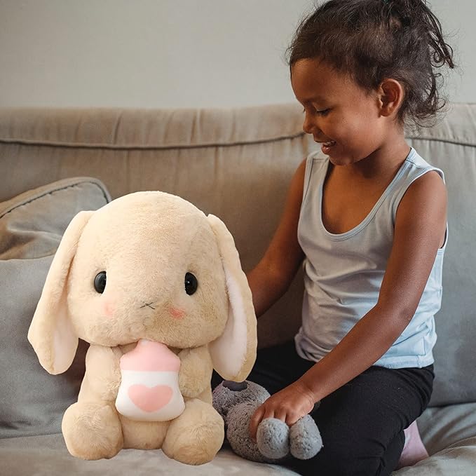 HOUPU Soft Toy - Sitting Lop Eared Rabbit, Easter White Rabbit Stuffed Bunny Animal with Carrot Soft Lovely Realistic Long-Eared Standing Pink Plush Toys (Brown-Milk Bottle,16.9in/43cm)