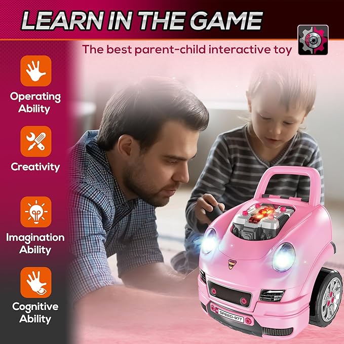 Qaba Truck Engine Toy, Kids Mechanic Set with Lights, Sounds, Steering Wheel and Horn, Pretend Car Service Station Play with 61-Piece Included, Toy Engine Building Kit for Kids Aged 3+, Pink