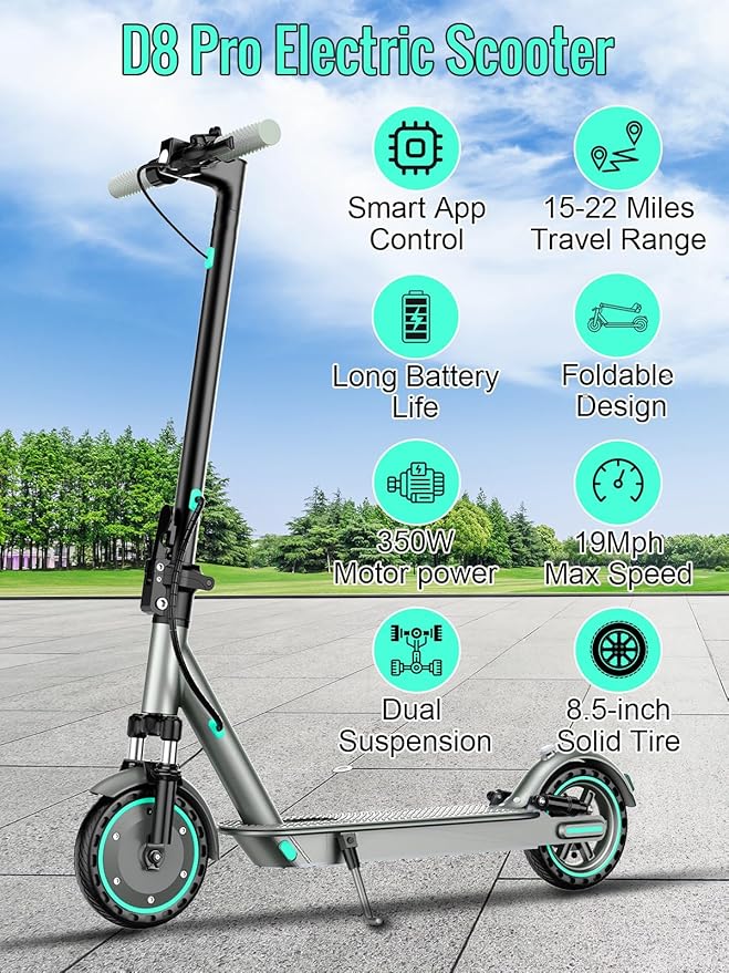 Electric Scooter for Adults & Teens, 350W Motor, 19 MPH Top Speed, 15/21 Miles Range, Foldable E-Scooter with 8.5" Honeycomb Tire, Escooter with Dual Braking System and App Control