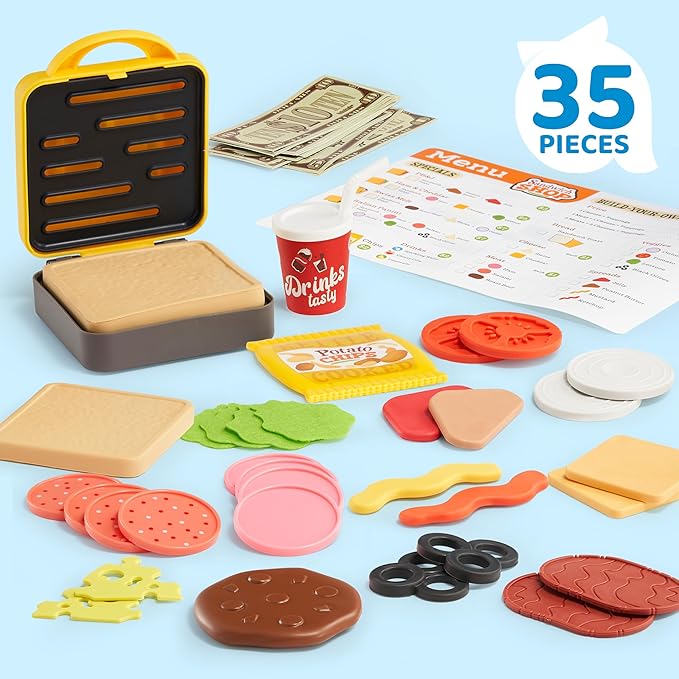 Play Food Toy for 3 4 5 6 Year Old Kids, 35 Pcs Play Kitchen Accessories, Interactive Panini Sandwich Making Toy with Menu and Play Money, Restaurant Pretend and Play Toy for Girls Boys Birthday Gift