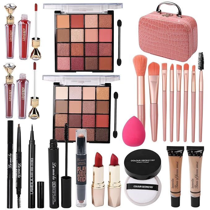 All in One Makeup Kit for Teen Girls - 2X16 Colors Eyeshadow, Liquid Foundation, Eyeliner Pencils, Contouring Stick, Lip Gloss, Eyebrow Pencils & 8pcs Makeup Brushes (Pink)