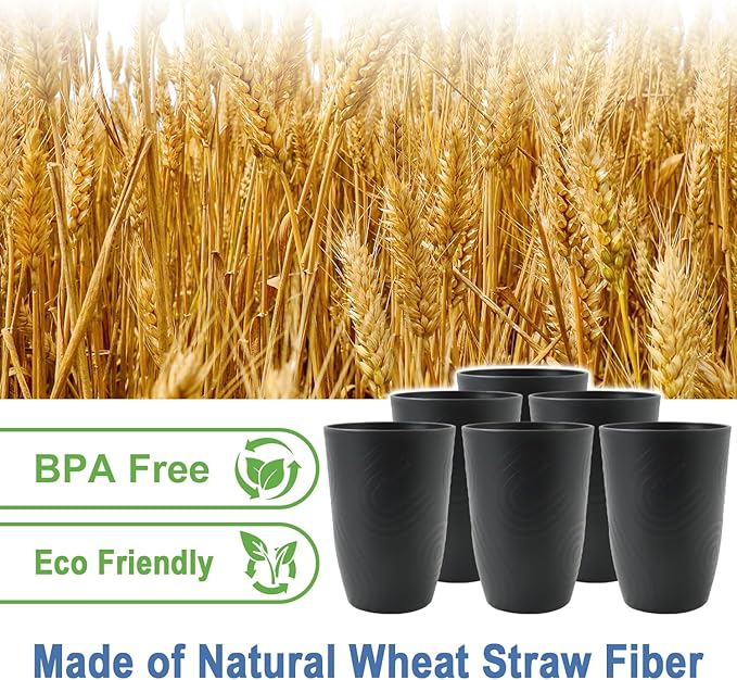 Wheat Straw Cups 6 Pcs 16 OZ Plastic Cup, Unbreakable Drinking Glasses, Lightweight Cup Set for Kitchen, Alternative to Plastic Cups Reusable Dishwasher Safe (Black)