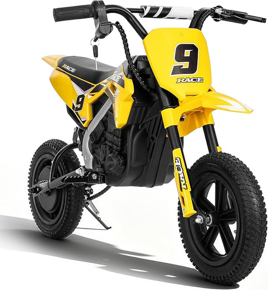 24V Electric Dirt Bike for Kids 6-12- Max 11 MPH & 10 Miles Long-Range, 250W Electric Motorcycle with Twist-Grip Throttle, 12" Knobby Tires, Spring Suspension, Music (Yellow)