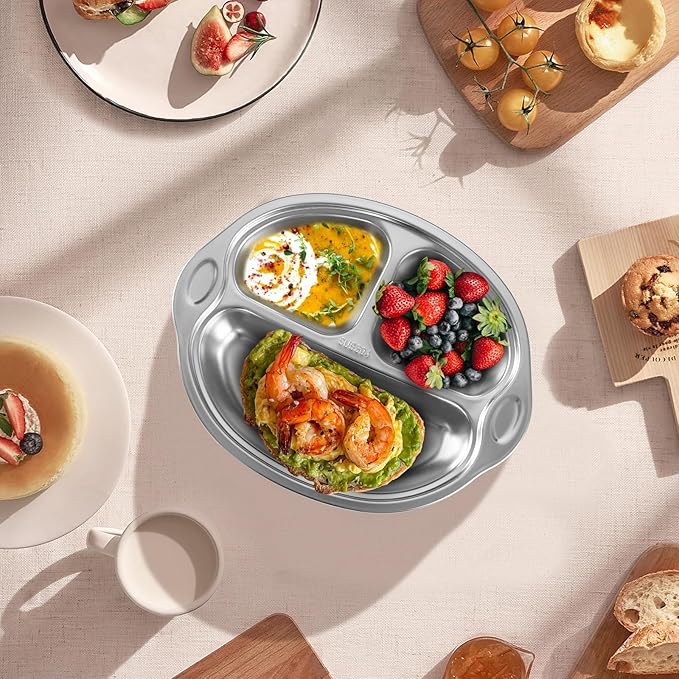 Stainless Steel Baby Suction Plates Divided Plates for Babies and Toddlers, Made of 100% Food-Grade Materials Ideal for Baby-Led Weaning BPA-Free Toddler Feeding Dishwasher Safe Orange-pink