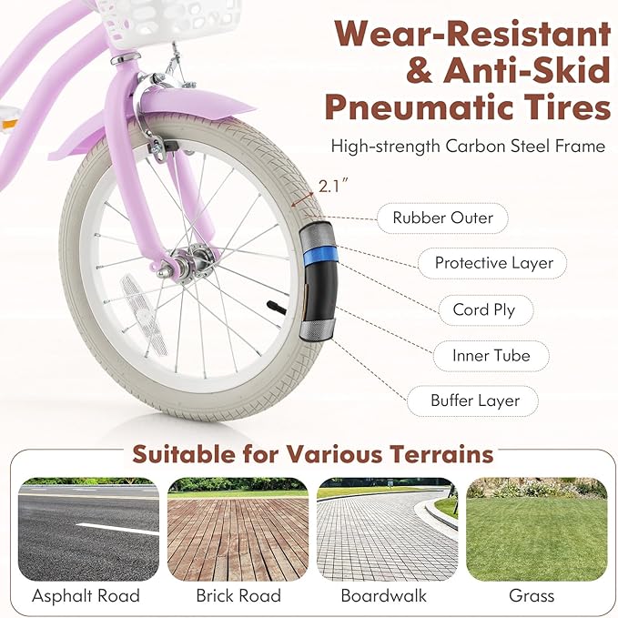 COSTWAY Kids Bike, 12 14 16 18 Inch Toddler Bike Children Bicycle w/Training Wheels, Hand & Coaster Brakes, Adjustable Saddle & Handlebar, Basket, Bell, Kids Bicycle for Girls Boys Aged 3-8 Years Old