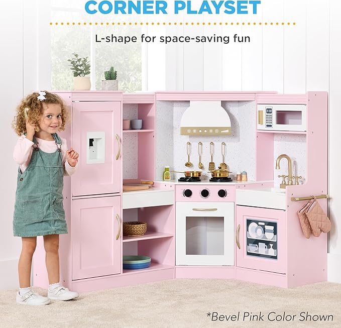Best Choice Products Pretend Play Corner Kitchen, Ultimate Interactive Wooden Kids Playset w/Lights & Sounds, Ice Maker, Hood - Sage