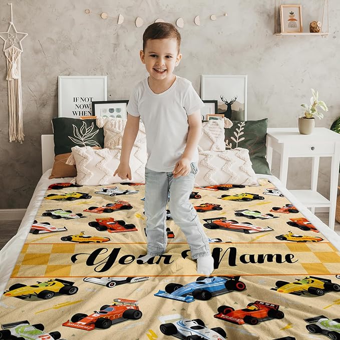 Personalized Cars Blankets for Boys, Custom Racing Car Blanket Gifts with Name for Cars Lovers, Yellow 50x60 Inches Cute Soft Fuzzy Throws for Couch, Sofa & Bed