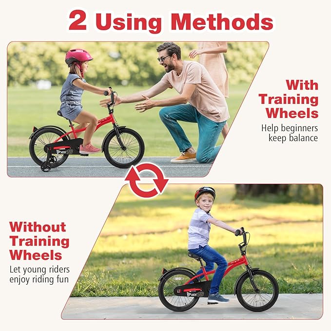 BABY JOY Kids Bike, 12 14 16 18 Inches Sporty Bicycle with Training Wheels, Adjustable Seat, Handbrake & Coaster Brake, Reflectors, Girls Boys Bike for 3-8 Years Old Children