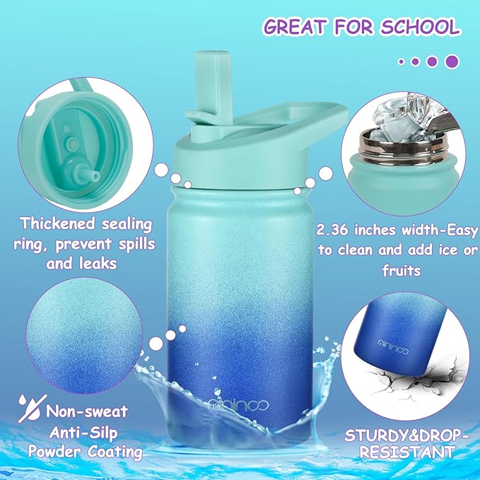 Mininoo Insulated Kids Water Bottle, 12 oz Stainless Steel Water Bottle Kids with Straw Lid and Chug Lid for Girls, Boys (Sky/Blue)