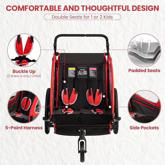 Sepnine Kids Bike Trailer, 2 in1 Canopy Carrier Converts to Pushcart Suitable for 1 to 2 Toddlers, Kids, Quick Attach to Bike, Foldable, with 5-Point Harness and Storage Bags