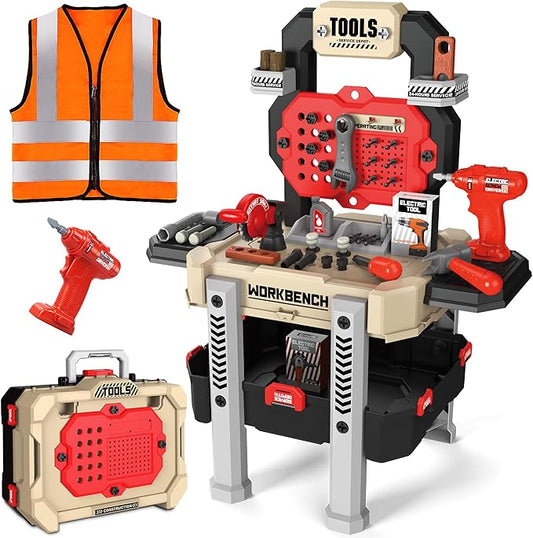 Toddler Tool Bench Set, 79pcs Pretend Construction Toy Set with Drill for Kids Workbench Playset, Tool Bench for Kids Ages 3-5 Years Old, Storage Box for Boys, Perfect Birthday (Red)