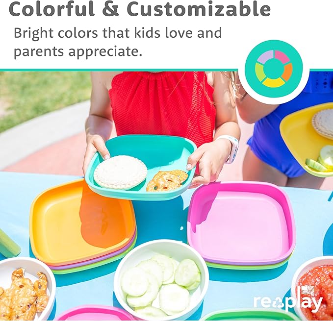 Re-Play Toddler Plates - 22 Oz. Deep-Walled Flat Kids Plates - Dishwasher & Microwave Safe - Made in USA - Set of 4-7.37" x 7.37" x 1.25" - Preschool