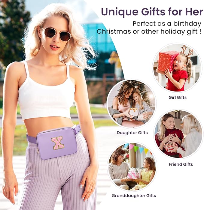 Christmas Gifts for Girls, Small Fanny Pack for Girl Kids Teen, Crossbody Bag for Trendy Everywhere Belt Bag, Fashion Monogrammed Crossbody Waist Packs Travel Necessities (Purple, X)