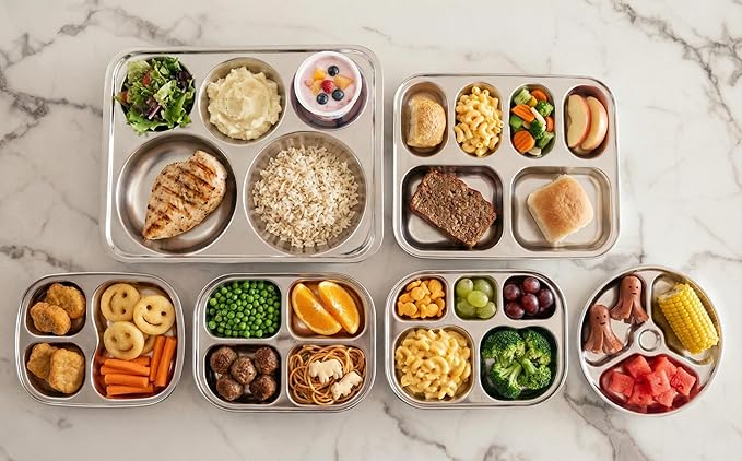 Korean Stainless Steel Divided Plates, Kids Toddlers Babies Tray, BPA Free, Diet Food Control, Camping Dishes, Compact Serving Platter, Dinner Snack, 3 Compartment Plate Silver, Set of 2