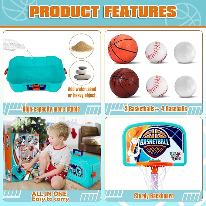 4 in 1 Toddler Basketball Hoop and T Ball Set - Adjustable Kids Basketball Goal Baseball Tee with Pitching Machine - Christmas Birthday Indoor Outdoor Sport Toy Games Gifts for Boys Girls Age 3-5