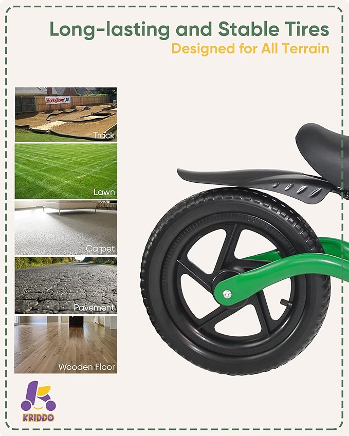 KRIDDO Kids Balance Bike for 2-5 Years, with Front Light, Upgraded Tires for All Terrain, Upgraded Bearing for Smooth and Stable Riding, Front and Rear Fenders, Adjustable Seat