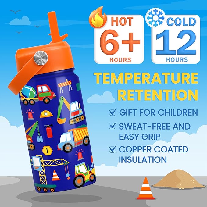 Construction Water Bottle - Kids Water Bottle with Straw Lid - 12 Oz Insulated Stainless Steel Water Bottles for Kid Boys - Travel Cup for School Sports