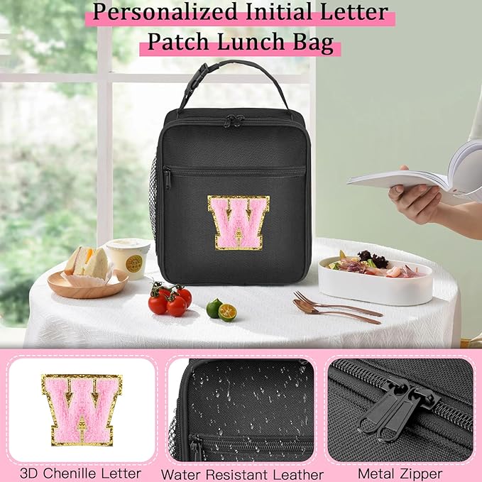 Initial Insulated Lunch Bag, Lunch Box with Initial Letter Patch for Teen Adult, Reusable Lunch Bag for Men Women, Ideal Back to School Gift Birthday Gift, Pink W