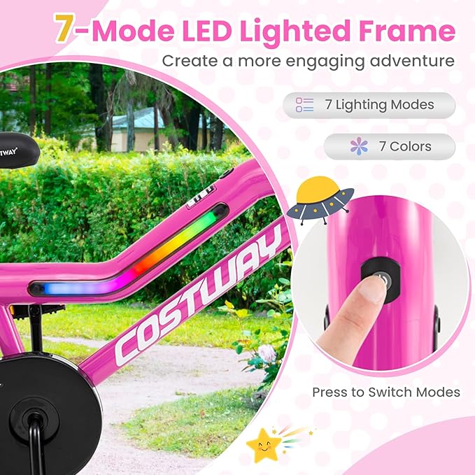 COSTWAY 16”/18” Lighted Kids Bike, Children Sport Bicycle with LED Light-up Frame, Adjustable Saddle, Training Wheels, Handbrake & Coaster Brake, Kids Riding Bike for 4-7/4-8 Years Old Boys & Girls