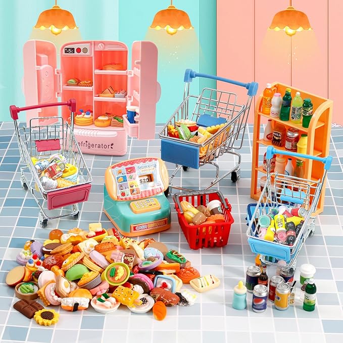 139 Pcs Mini Shopping Cart Basket Miniature Food Drink Toy Supermarket, Miniature Dollhouse Furniture and Accessories,Grocery Store Pretend Play,Doll House Refrigerator Mini Fridge Toy Mini Food Set