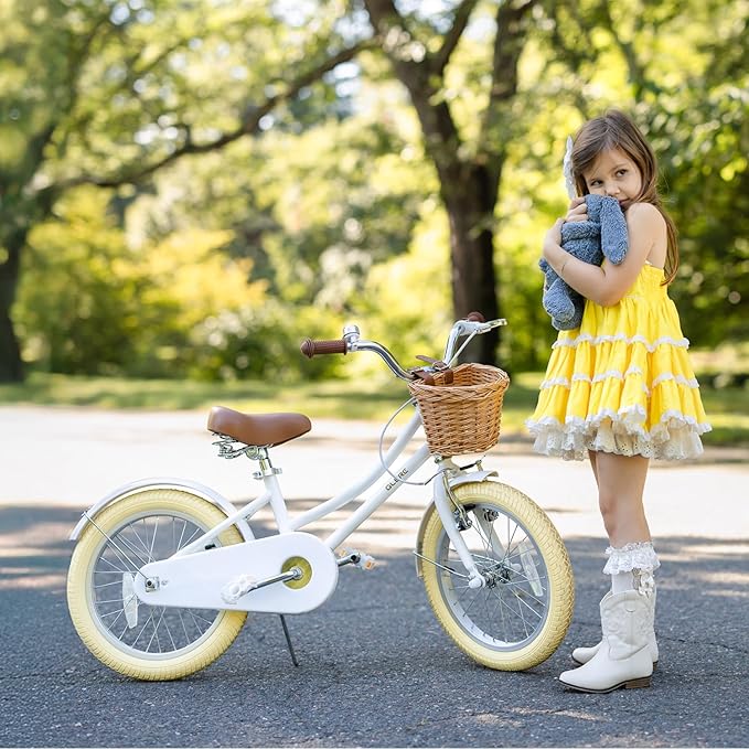 Glerc Little Molly 12-20 Inch Kids Retro Cruiser Bike for 2-13 Year Old with Wicker Basket & Training Wheels/Kickstand, Multiple Colors