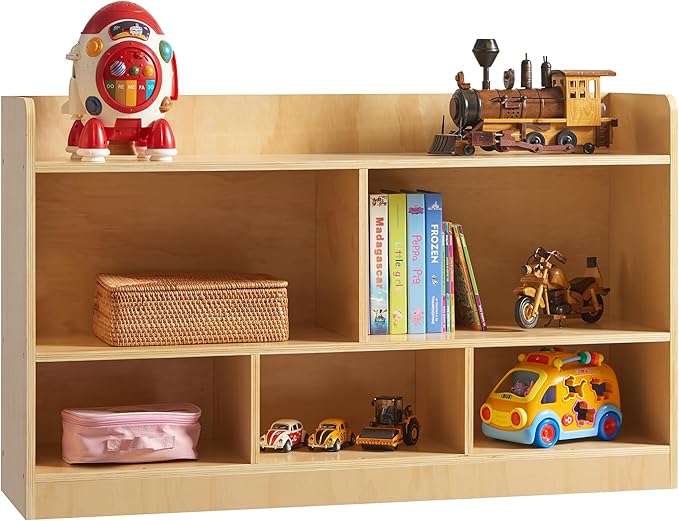 Wooden Storage Cabinet, 2-Tier Montessori Bookshelf, 5-Section Kids Toy Storage Organizer Toddler Book Shelf, Book Shelf for Kids Rooms, Playroom and Preschool