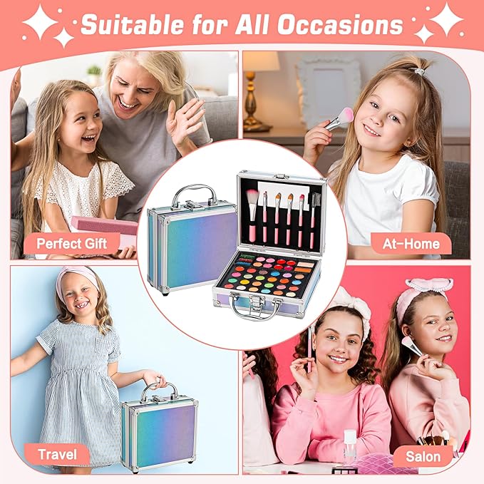 Anpro All-In-One Makeup Kit for Girls 10-12 with Case, Pro Teen Makeup Set, Tween Makeup Kit, Full Starter Make Up Kit with Brushes, Eyeshadow Palette, Blushes, Glitter Gel, Temporary Tattoo Stickers