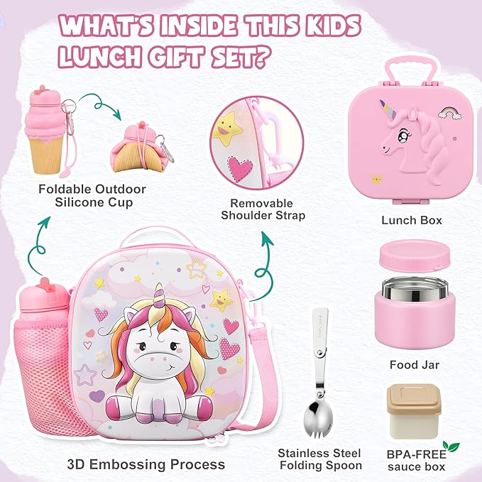 Kids Bento Lunch Box with 12oz Soup Thermo, Kids Leakproof Lunch Food Containers with 4 Compartment,Insulated Hot Food Jar with Lunch Bag for School, Travel (Pink+Pink Jar)
