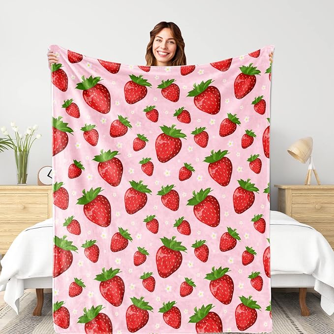 Pink Strawberry Blanket for Kids Girls, Soft Lightweight Strawberry Throw Blanket for Sofa Bed Traveling Camping Gifts Idea 50x60 inches