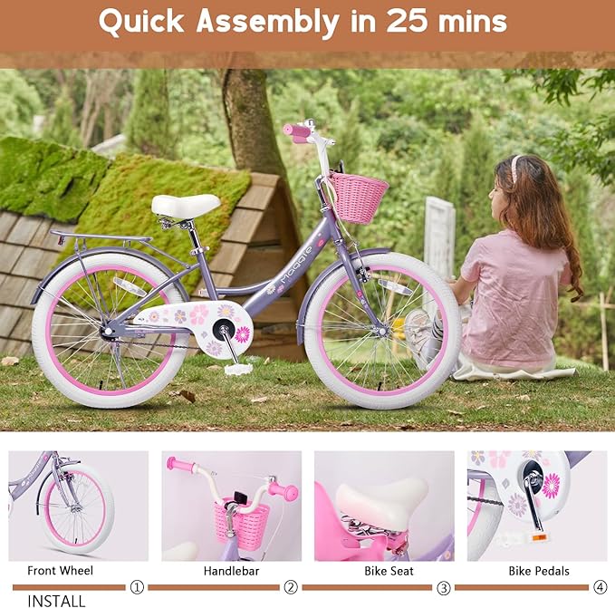 Glerc Maggie Girls Bike, 12-20 Inch Kids Bike for 2-13 Years Old Children, Princess Style Kids Bicycle with Doll-Seat & Basket & Training Wheels, Multiple Colors