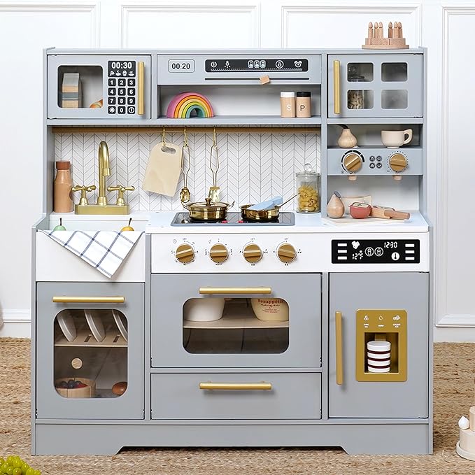 Wooden Play Kitchen for Kids – Pretend Play Kitchen Set with Realistic Stove, Sink, Coffee Maker, Ice Maker & 15 Fun Accessories, Toy Kitchen for Toddlers Ages 3+