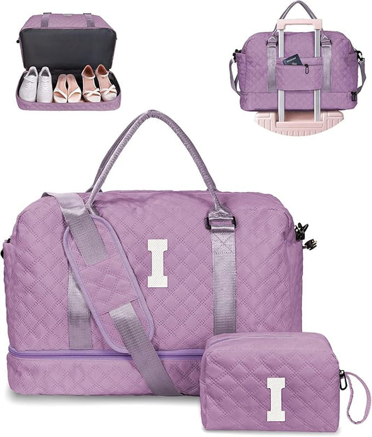 Gifts for Friends-Initial Duffle Bag with Shoe Compartment, Personalized Weekender Bag, Monogram Overnight Bag, Travel Bag with Makeup Bag，Birthday Gifts Bag for Daughter Sister (Letter I)