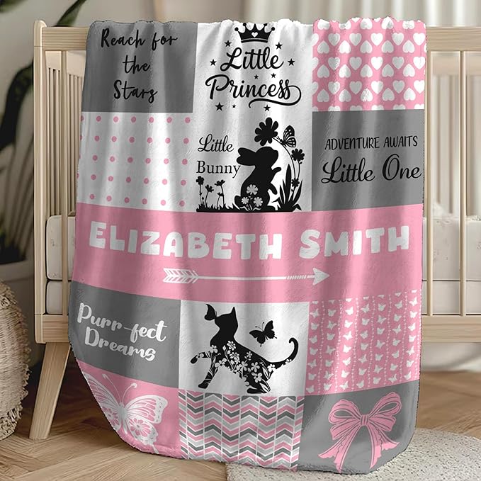 Custom Baby Girl Blanket with Name Personalized Soft Throw Blanket Gift for Newborn, Toddler, Teens to Adult for Birthday, Baby Shower, Christmas (A-design01)