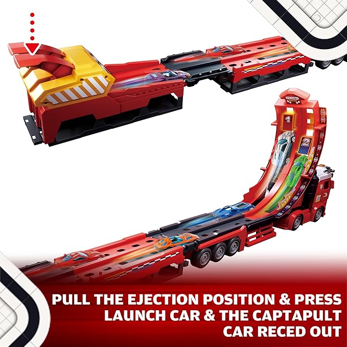 3in1 Transport Car Carrier Truck Toy w/3 Layer Foldable Car Track, 12P Die Cast Car Speed Track, Semi Truck Toy Car Launch Race Track Playset, Preschool Cars Trucks Car Transporter Toy for Kid Ages 3+