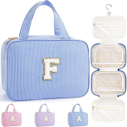 TOPEAST Gifts for Friends - Friendship Gifts for Women, Travel Toiletry Bag for Women, Hanging Toiletry Bag, Monogrammed Initial Toiletry Pouch Makeup Bag - Letter F, Blue