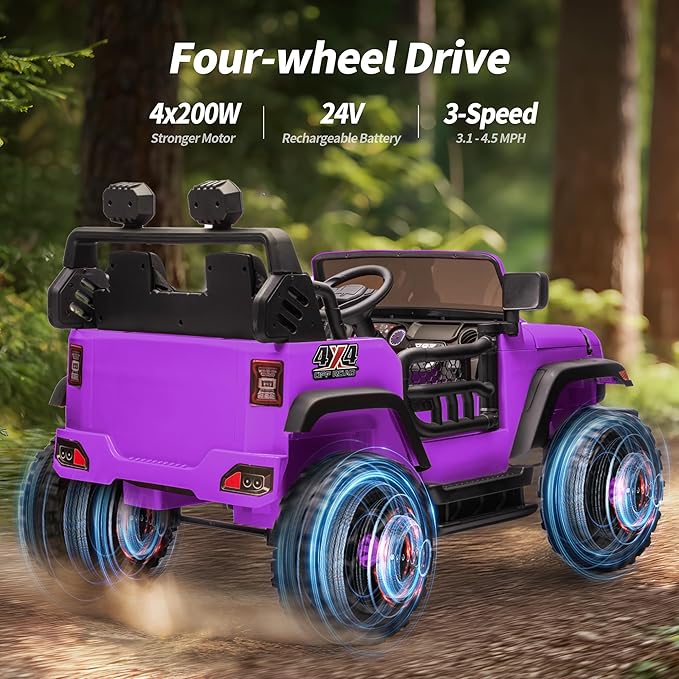 2 Seater Ride on Car Toy, 24V 4WD Electric Car for Kids 4-8 with Remote Control, 4x200W Motors, Capacity 150 lb - Purple