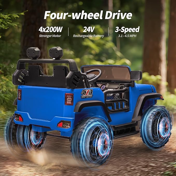 2 Seater Ride on Car Toy, 24V 4WD Electric Car for Kids 4-8 with Remote Control, 4x200W Motors, Capacity 150 lb - Blue