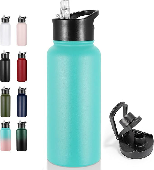 VEGOND 32 oz Insulated Water Bottle Stainless Steel Metal Water Bottles with Leak Proof Straw Lid & Spout Lid, Wide Mouth Double Walled Vacuum Travel Sports Bottle, Mint Green