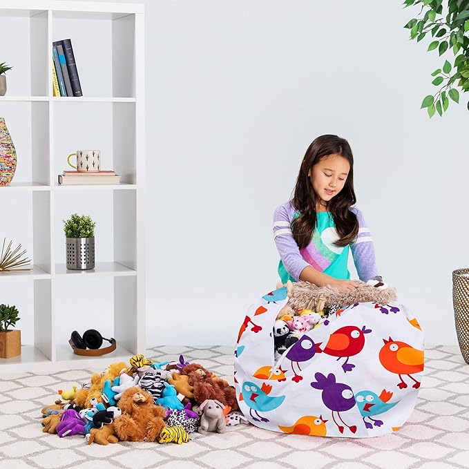 Posh Creations Stuffable Kids Stuffed Animal Storage Bean Bag Chair Cover - Childrens Toy Organizer Medium 27" - Canvas Birds on White