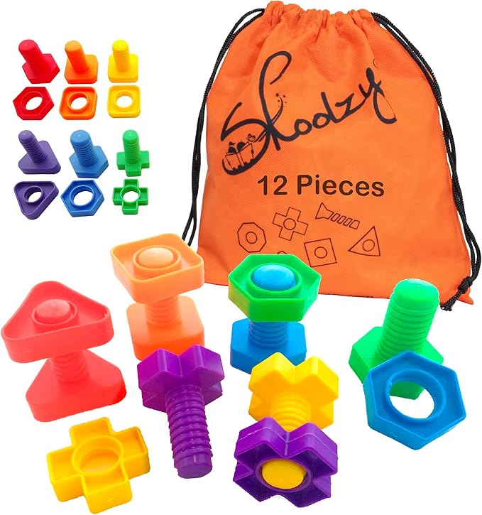 Skoolzy Plastic Nuts and Bolts 24 Piece Set - 6 pk - Kids Nuts and Bolts - Toddler Engineering Toys for 1-3 - Screw Toys for Toddlers with ebook